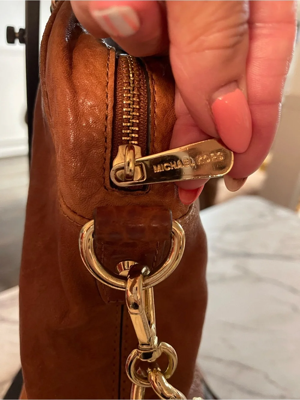 Michael Kors Cognac Leather Studded Shoulder Satchel